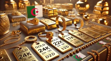 DALL·E 2024 12 03 11.37.48 A realistic and high quality image representing the price of gold in Algeria. The image showcases Algerian gold jewelry such as rings necklaces and