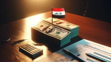 DALL·E 2024 12 09 11.57.20 A digital painting of a stack of 1000 US dollar bills placed neatly on a polished wooden desk. Beside the bills there is a small Iraqi flag standing